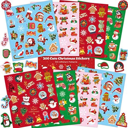 Christmas Stickers 200 PCS – 8 Sheets Cute Kids Holiday Party Supplies