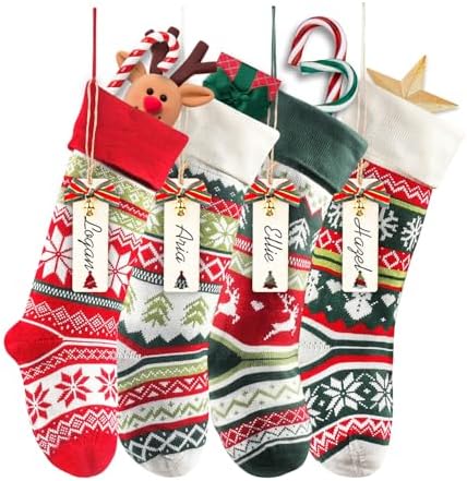 Christmas Stockings 4-Pack – 22" Cable Knit Snowflake & Reindeer Gift Holders