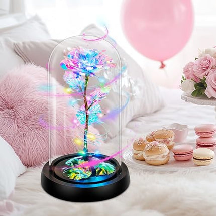 Colorful Light-Up Rose in Glass Dome – Christmas & Birthday Gift for Women