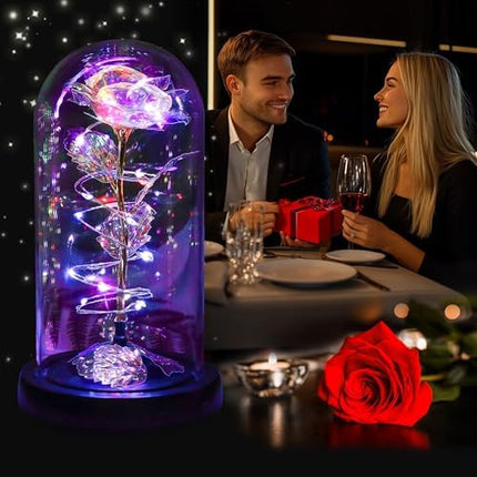 Colorful Light-Up Rose in Glass Dome – Christmas & Birthday Gift for Women