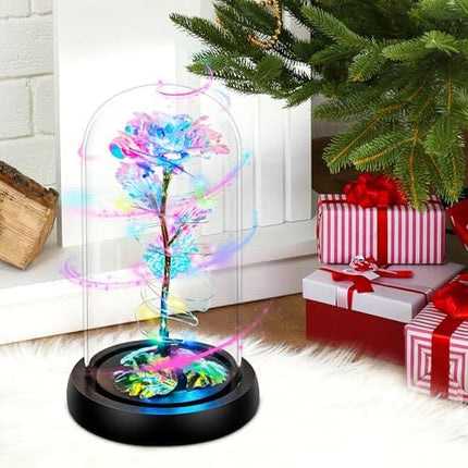 Colorful Light-Up Rose in Glass Dome – Christmas & Birthday Gift for Women