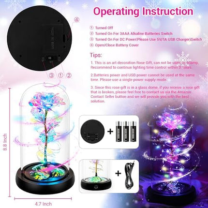 Colorful Light-Up Rose in Glass Dome – Christmas & Birthday Gift for Women