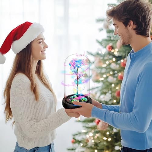 Colorful Light-Up Rose in Glass Dome – Christmas & Birthday Gift for Women