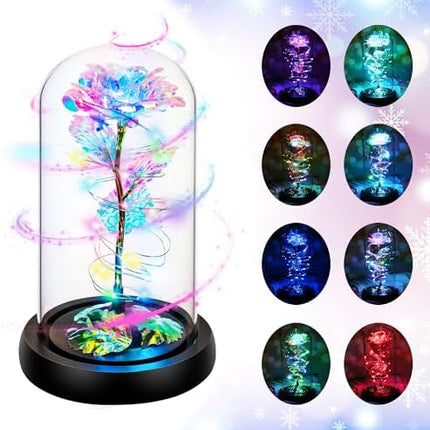 Colorful Light-Up Rose in Glass Dome – Christmas & Birthday Gift for Women
