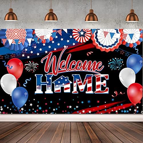 Patriotic Welcome Home Backdrop – Red White Blue Military Homecoming Decor