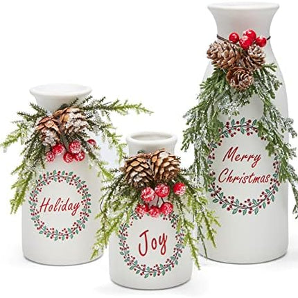 3-Pack Flocked Christmas Arrangement – Mixed Décor in White Ceramic Bottles