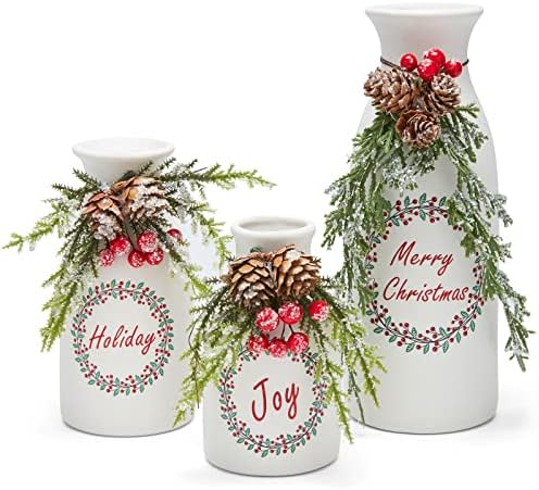 3-Pack Flocked Christmas Arrangement – Mixed Décor in White Ceramic Bottles