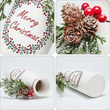 3-Pack Flocked Christmas Arrangement – Mixed Décor in White Ceramic Bottles