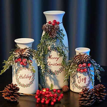 3-Pack Flocked Christmas Arrangement – Mixed Décor in White Ceramic Bottles