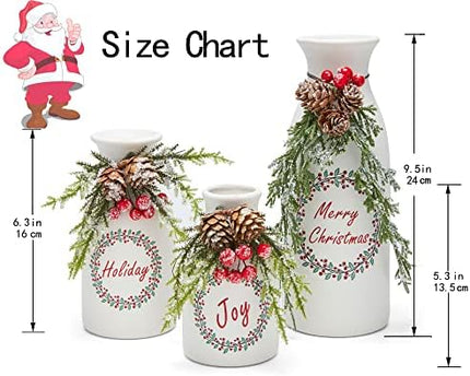3-Pack Flocked Christmas Arrangement – Mixed Décor in White Ceramic Bottles