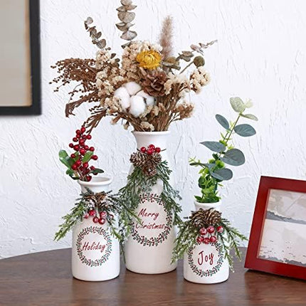 3-Pack Flocked Christmas Arrangement – Mixed Décor in White Ceramic Bottles