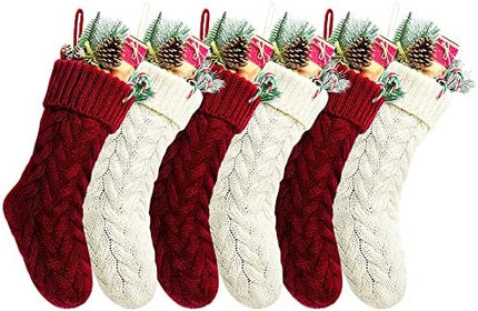 20 Inch Burgundy & Ivory Knit Christmas Stockings 6 Pack Holiday Decor