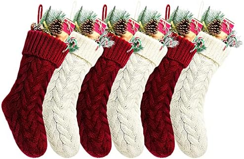 20 Inch Burgundy & Ivory Knit Christmas Stockings 6 Pack Holiday Decor