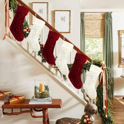 20 Inch Burgundy & Ivory Knit Christmas Stockings 6 Pack Holiday Decor