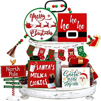 Bucherry 12PCS Santa Claus Tiered Tray Decor Red White Farmhouse Christmas Set