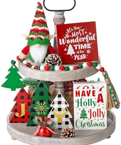 Holiday Tiered Tray Decor 10PCS Christmas Wooden Signs & Gnome for Home & Kitchen