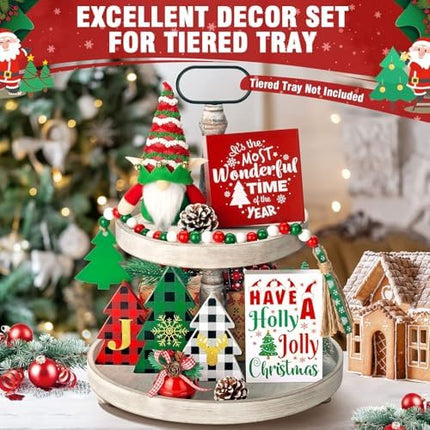 Holiday Tiered Tray Decor 10PCS Christmas Wooden Signs & Gnome for Home & Kitchen