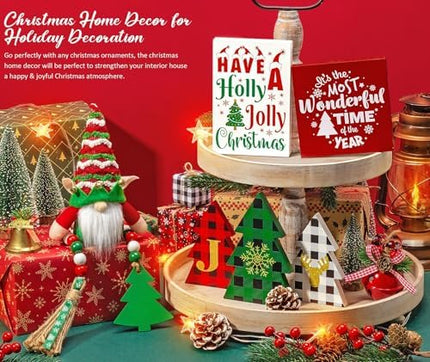 Holiday Tiered Tray Decor 10PCS Christmas Wooden Signs & Gnome for Home & Kitchen