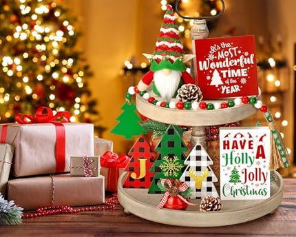 Holiday Tiered Tray Decor 10PCS Christmas Wooden Signs & Gnome for Home & Kitchen