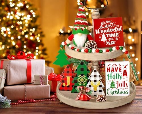 Holiday Tiered Tray Decor 10PCS Christmas Wooden Signs & Gnome for Home & Kitchen