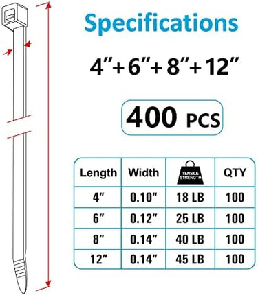 ANOSON Heavy-Duty Zip Ties Set – 400-Pack Black UV-Resistant Wire Ties in 4 Sizes
