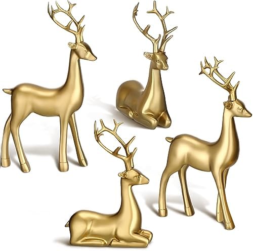 Rustic Gold Reindeer Set – Small Resin Deer Figurines for Indoor Xmas Decor