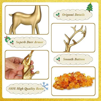 Rustic Gold Reindeer Set – Small Resin Deer Figurines for Indoor Xmas Decor