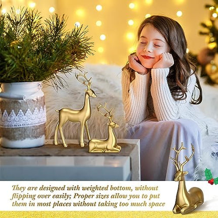 Rustic Gold Reindeer Set – Small Resin Deer Figurines for Indoor Xmas Decor