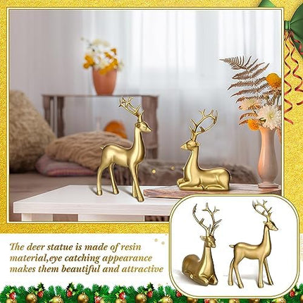 Rustic Gold Reindeer Set – Small Resin Deer Figurines for Indoor Xmas Decor