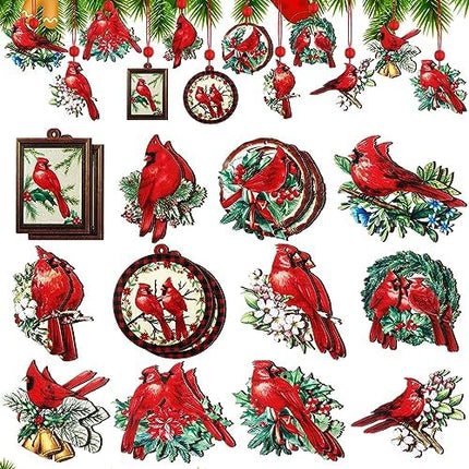 Soaoo Cardinal Christmas Ornaments 24pcs – Wooden Red Hanging Decorations