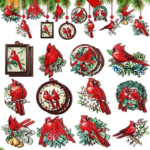Soaoo Cardinal Christmas Ornaments 24pcs – Wooden Red Hanging Decorations