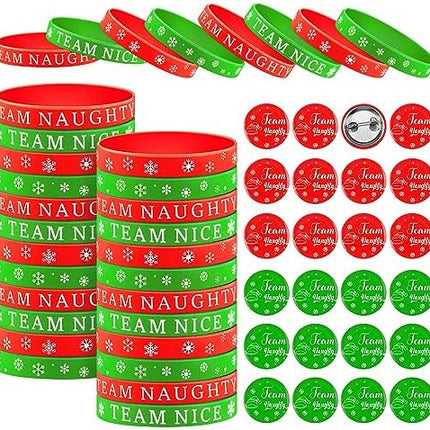 48pcs Naughty or Nice Christmas Party Favors – Wristbands & Button Pins Set