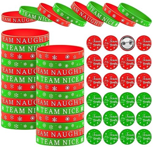48pcs Naughty or Nice Christmas Party Favors – Wristbands & Button Pins Set