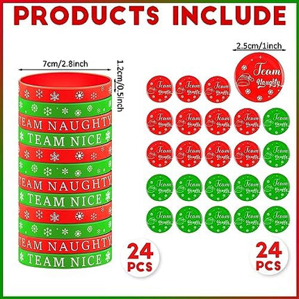 48pcs Naughty or Nice Christmas Party Favors – Wristbands & Button Pins Set