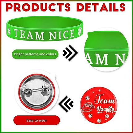 48pcs Naughty or Nice Christmas Party Favors – Wristbands & Button Pins Set