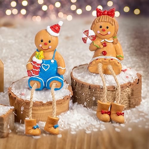 Dazzle Bright Gingerbread Man Figurines Set of 2 – Resin Xmas Shelf Sitters Decor