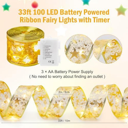 Minetom 100 LED Ribbon String Lights for 6–8ft Christmas Trees – Gold Fairy Lights