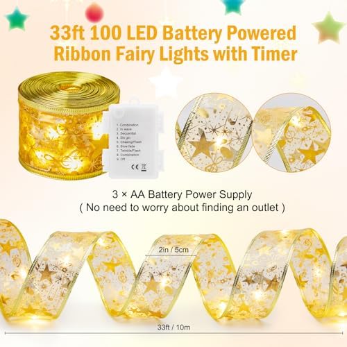 Minetom 100 LED Ribbon String Lights for 6–8ft Christmas Trees – Gold Fairy Lights