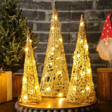 Battery Operated LED Cone Trees 3 PCS – Gold Glitter Christmas Home Table Decorations