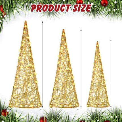 Battery Operated LED Cone Trees 3 PCS – Gold Glitter Christmas Home Table Decorations