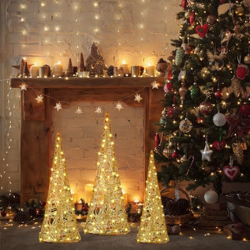 Battery Operated LED Cone Trees 3 PCS – Gold Glitter Christmas Home Table Decorations