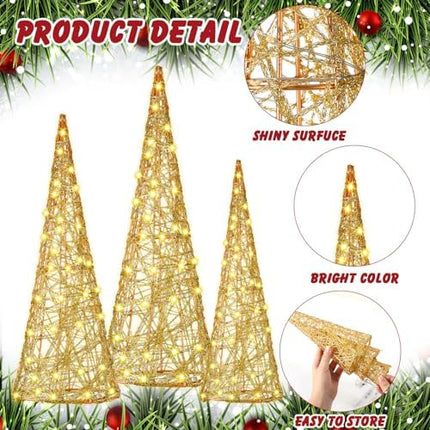 Battery Operated LED Cone Trees 3 PCS – Gold Glitter Christmas Home Table Decorations