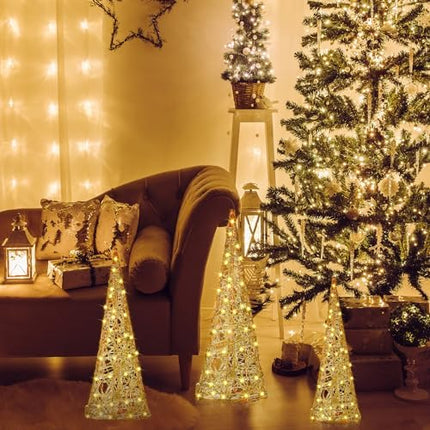 Battery Operated LED Cone Trees 3 PCS – Gold Glitter Christmas Home Table Decorations