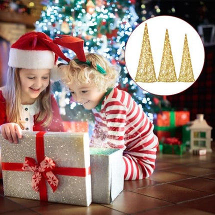 Battery Operated LED Cone Trees 3 PCS – Gold Glitter Christmas Home Table Decorations