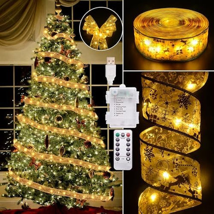 Christmas Ribbon Lights 2.5" x 33Ft – 100 LED Fairy Lights with Remote & Timer