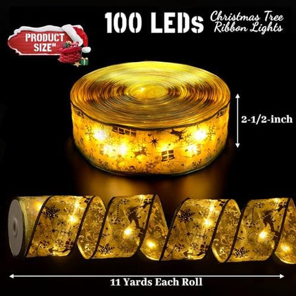 Christmas Ribbon Lights 2.5" x 33Ft – 100 LED Fairy Lights with Remote & Timer