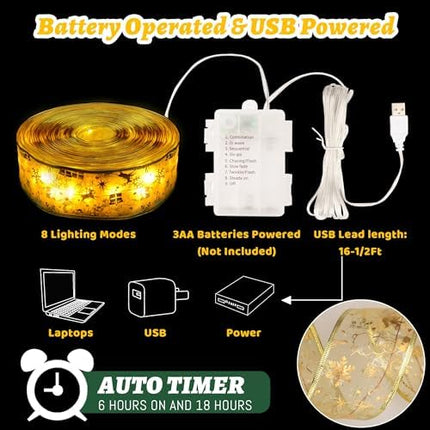 Christmas Ribbon Lights 2.5" x 33Ft – 100 LED Fairy Lights with Remote & Timer