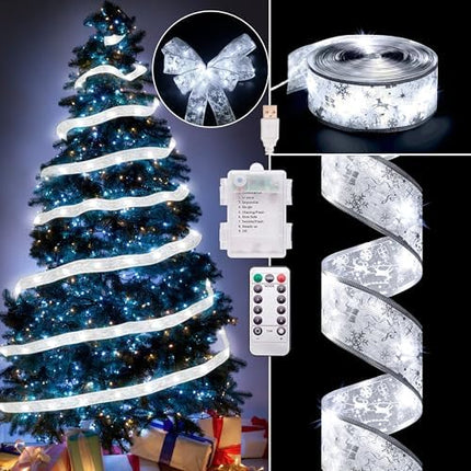 100 LED Xmas Ribbon Lights 33Ft – Battery & USB Powered with 8 Lighting Modes