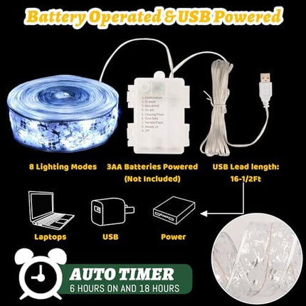 100 LED Xmas Ribbon Lights 33Ft – Battery & USB Powered with 8 Lighting Modes
