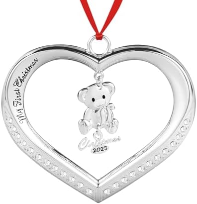 My First Christmas Ornament 2025 – Silver Teddy Bear Baby Keepsake with Box